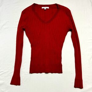 Red Silk CABI Shirt Women's Medium V Neck Stretch Knit Top Sexy Fitted Bodycon